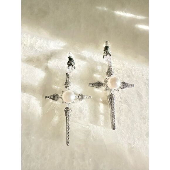 Faux Pearl cross dangle earrings ￼ - Picture 2 of 3